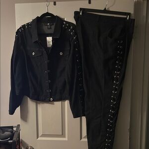 Ashley Stewart Black Lace-Up Denim Women's Pants & Jacket Set. Light weight